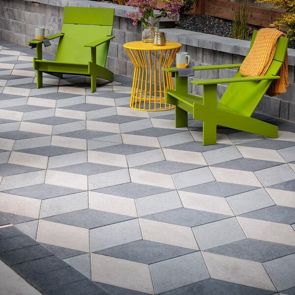 Geometric shapes pavers installed on patio.