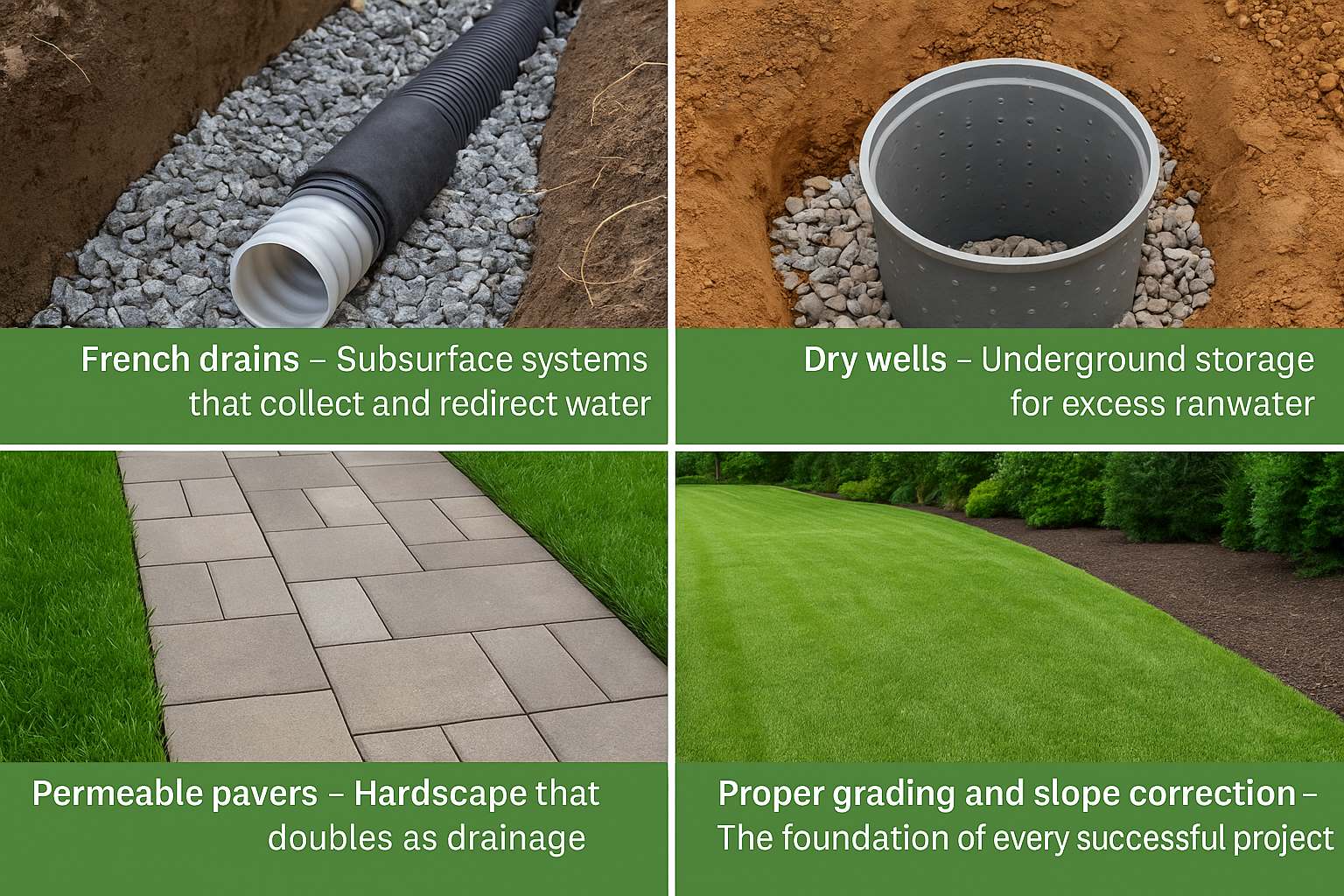 French drains, dry wells, permeable pavers, and slope correction drainage solutions.