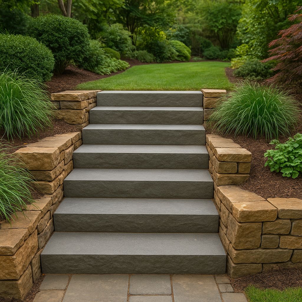 Stone landscaping steps with greenery
