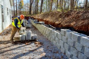 Retaining wall construction in progress