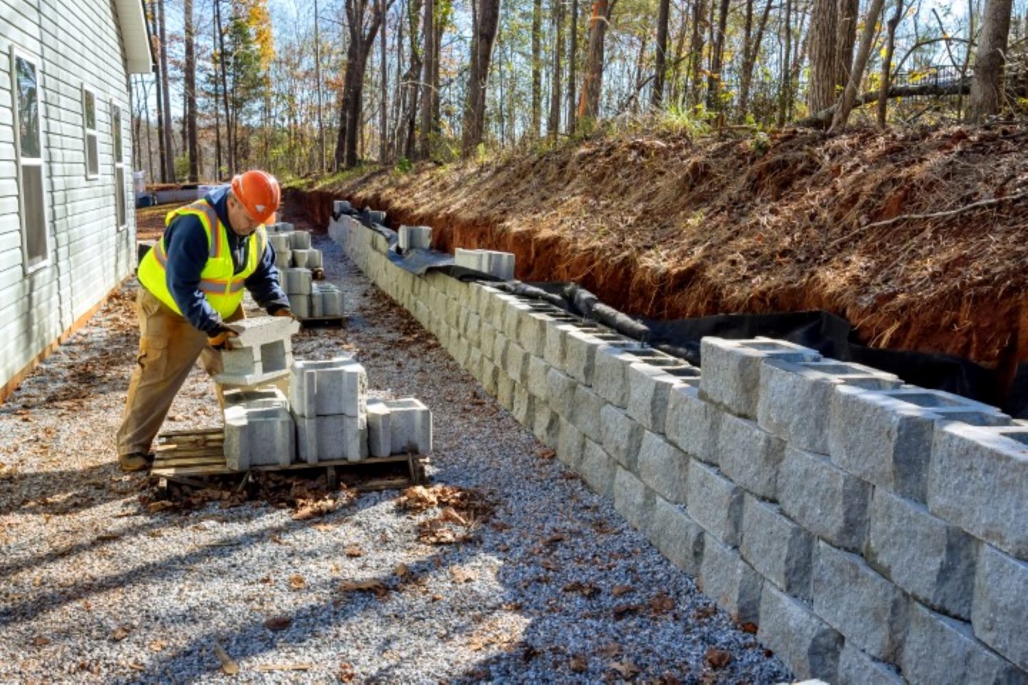 Retaining wall construction in progress