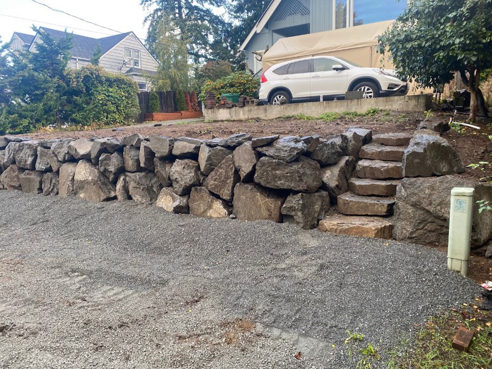Rock retaining wall in Redmond, WA.